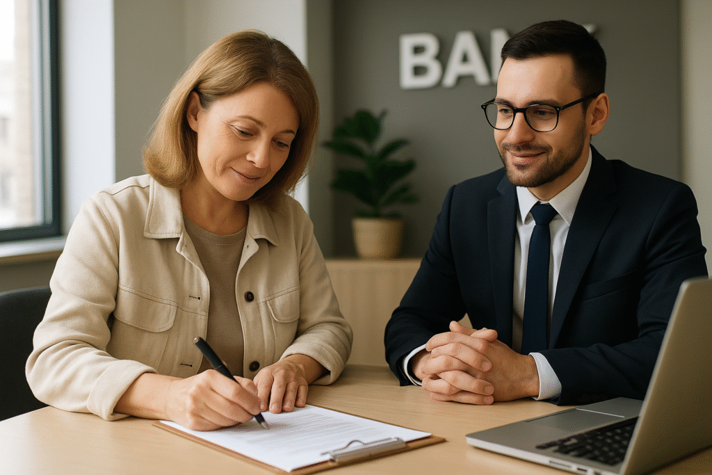 Mujer contratando un producto bancario en una sucursal