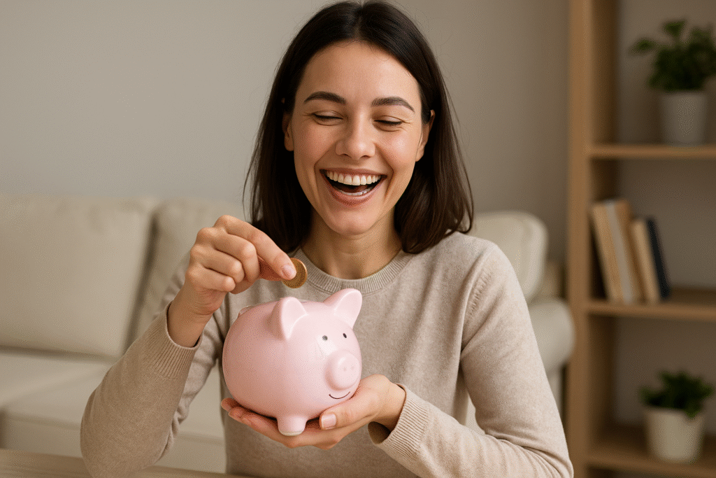 Mujer feliz tras empezar a ahorrar parte de su sueldo Mujer feliz tras empezar a ahorrar parte de su sueldo