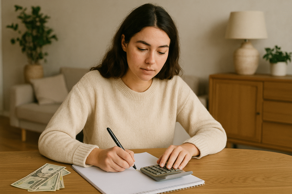 Una persona llevando una vida frugal organizando su presupuesto mensual
