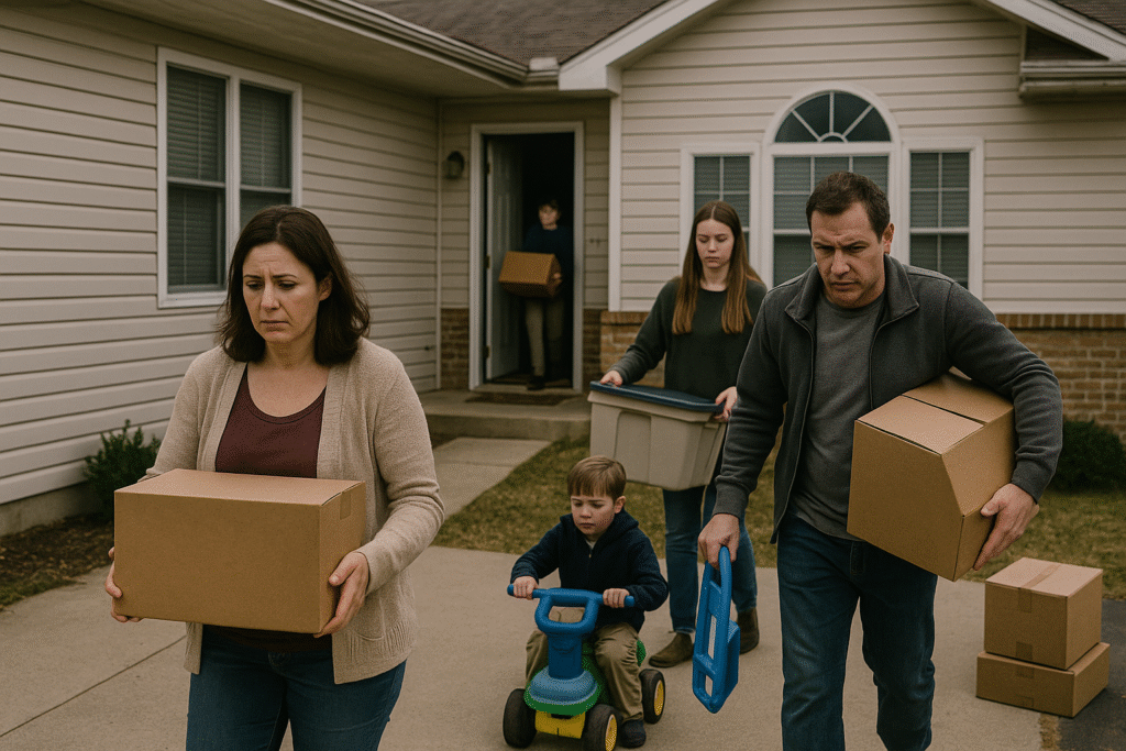 Familia desalojando su casa tras la crisis